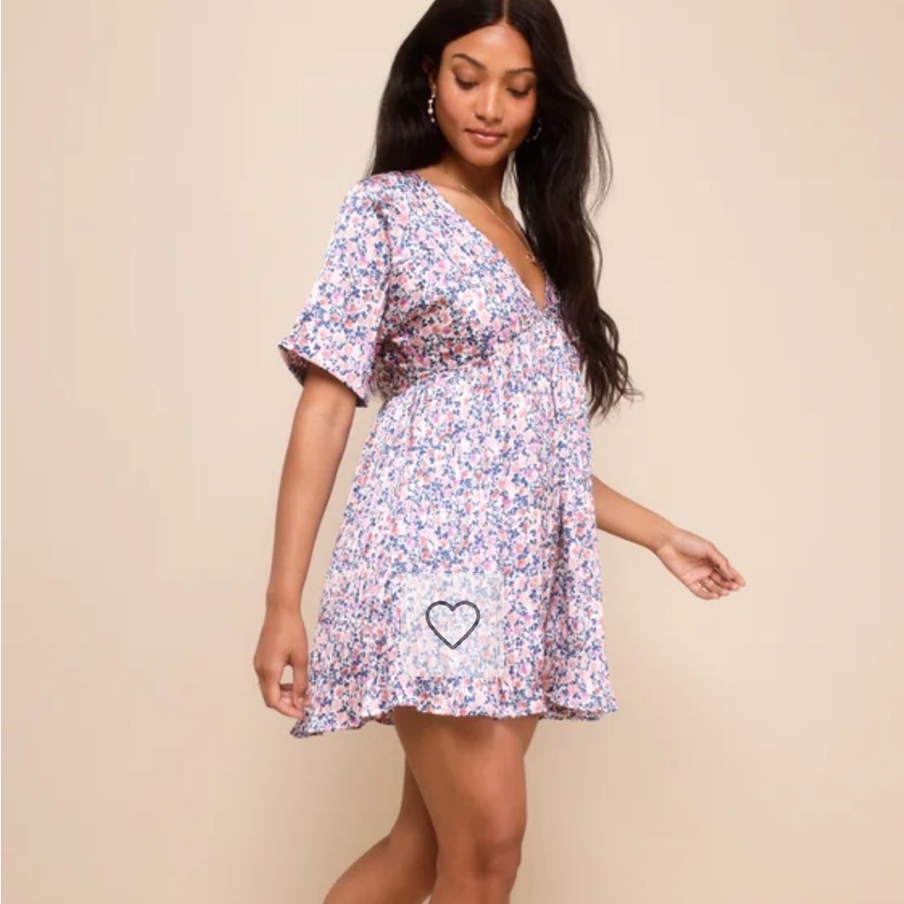 Lulu’s Express Yourself Blush Pink Floral Print Satin Babydoll Dress. Size Small - Picture 3 of 14